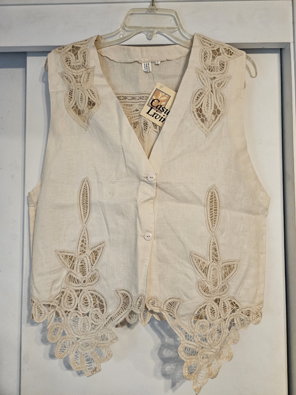 Casual Living Cream Lace-Trim Sleeveless Button Vest
